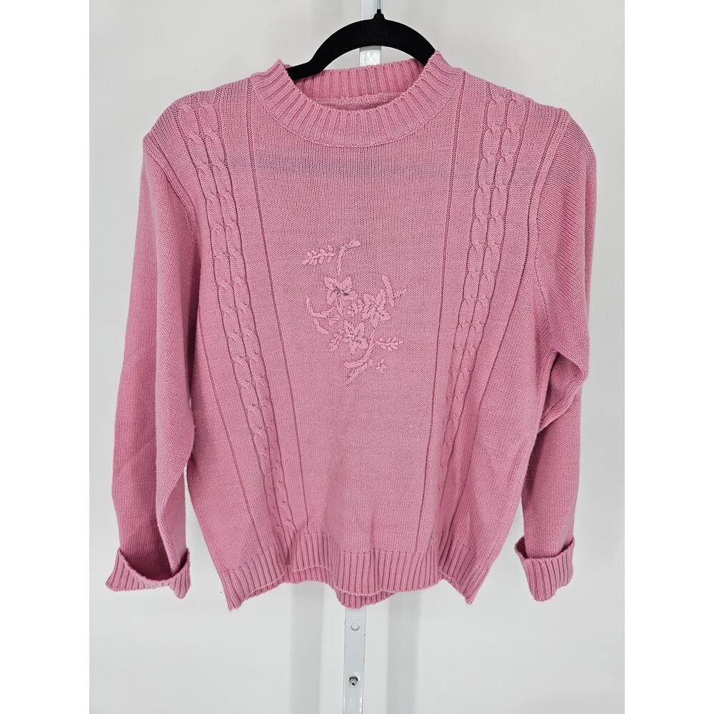 Vintage Haband! Womens Sz S Crew Neck Knit Sweater Pink Embroidered